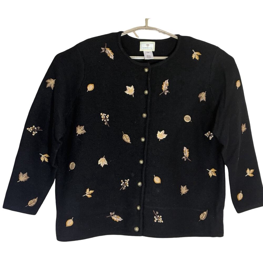 Susan Bristol 100 % Wool Cardigan Black Embroidered Fall Leaves Sz 1W Cottage